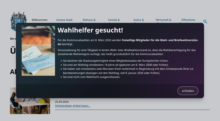 Screenshot eines modalen Dialogfensters, das die Webseite einer Gemeinde überlagert. Der Text im Fenster ruft zur Teilnahme als Wahlhelfer auf. Screenshot eines modalen Dialogfensters, das die Webseite einer Gemeinde überlagert. Der Text im Fenster ruft zur Teilnahme als Wahlhelfer auf.