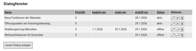 Screenshot des Open2C-Backends mit der Verwaltungsmaske für Dialogfenster. Die Maske zeigt eine Liste von vier Dialogen, wobei zwei aktiv und zwei inaktiv sind. Screenshot des Open2C-Backends mit der Verwaltungsmaske für Dialogfenster. Die Maske zeigt eine Liste von vier Dialogen, wobei zwei aktiv und zwei inaktiv sind.